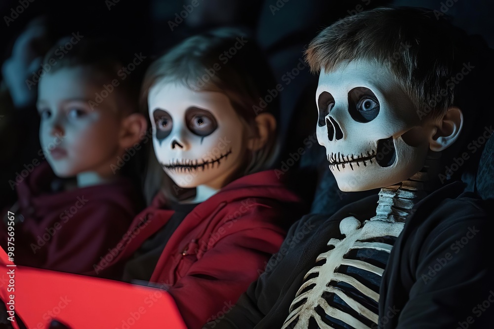 Children in Halloween costumes watching a movie. Children in Halloween costumes watching a movie.