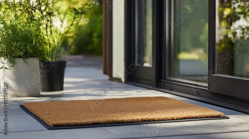 Brown doormat placed outside a glass door, flanked by potted plants photo