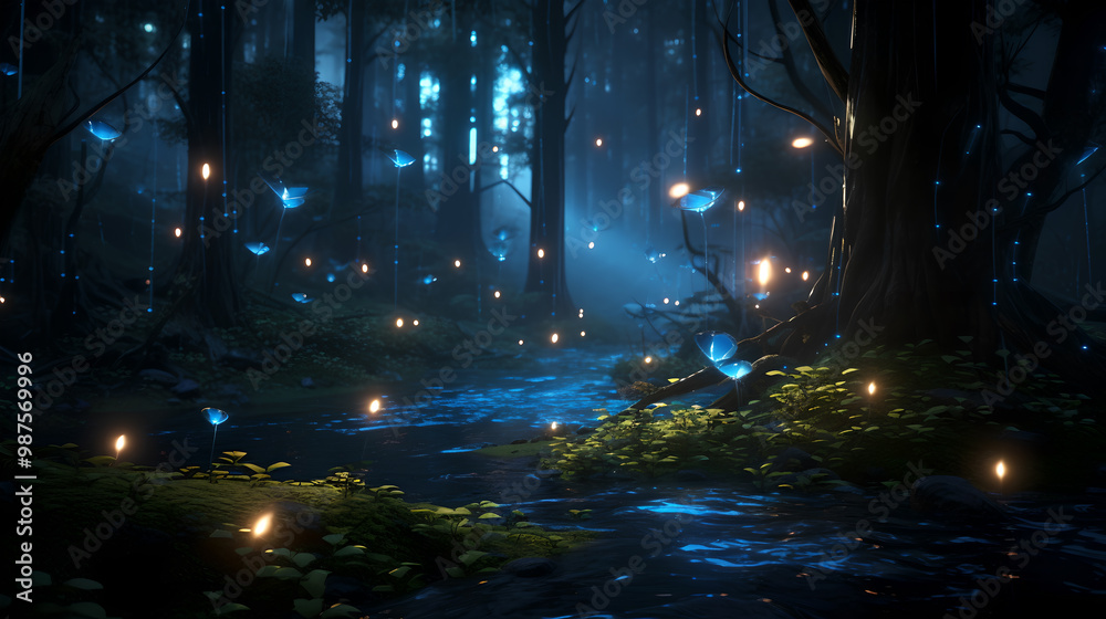 Naklejka premium Fireflies flying in the forest