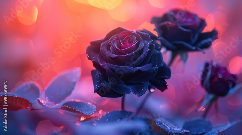 Moody and dramatic close up image of a dark purple rose bloom with dew drops on its delicate petals and stem set against a soft vibrant and atmospheric floral background