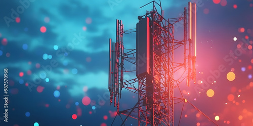 5g base station receiver on a telecommunication tower with network connections, generative ai