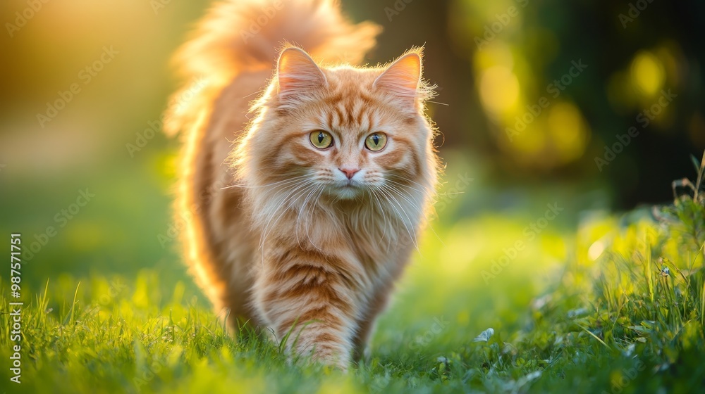 summer portrait of a fluffy Siberian red cat walking on nature in garden on background of green grass summer portrait of a fluffy Siberian red cat walking on nature in garden on background of green grass