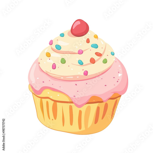 Colorful cupcake with frosting and sprinkles, white isolate background, transparent background.