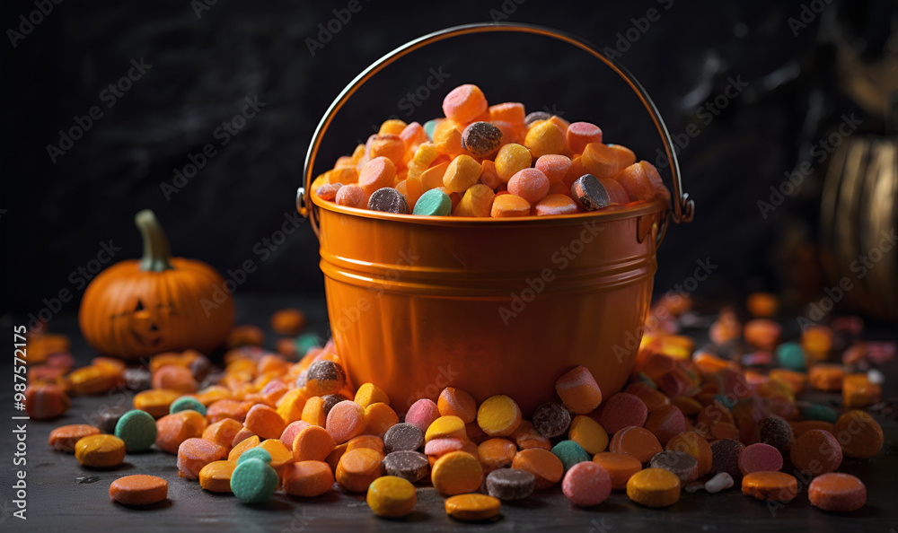 Naklejka premium A festive Halloween scene with colorful pumpkin bucket candy