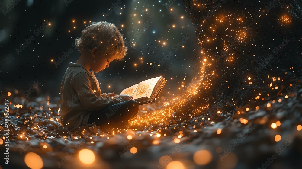 Fototapeta premium A young child sits engrossed in a book, surrounded by magical, glowing lights in a whimsical forest setting, embodying the wonder of reading.