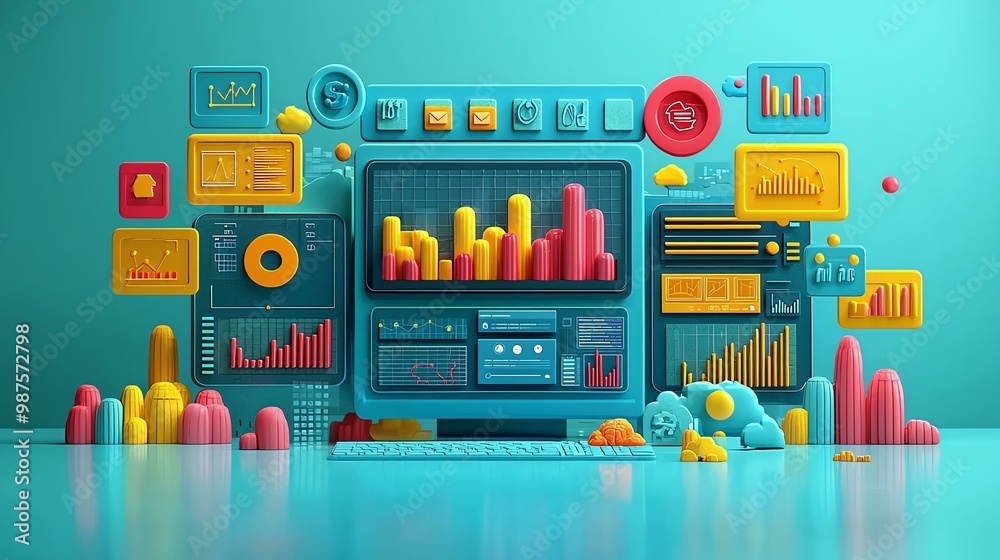Colorful 3D infographic dashboard with various charts, graphs, and ...