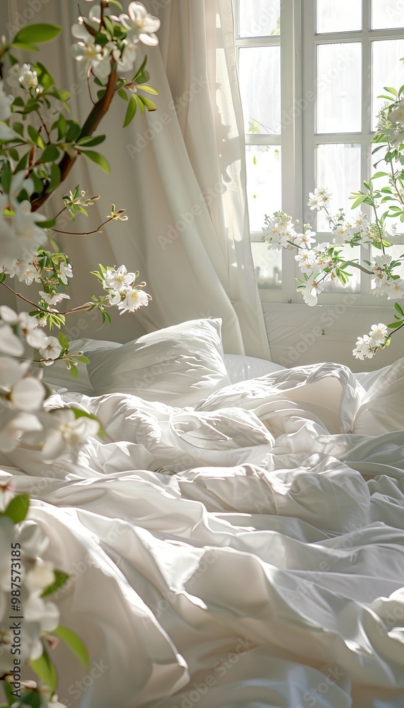 Serene bedroom scene with messy bed and white bedding, bathed in bright sunshine and flowers Serene bedroom scene with messy bed and white bedding, bathed in bright sunshine and flowers
