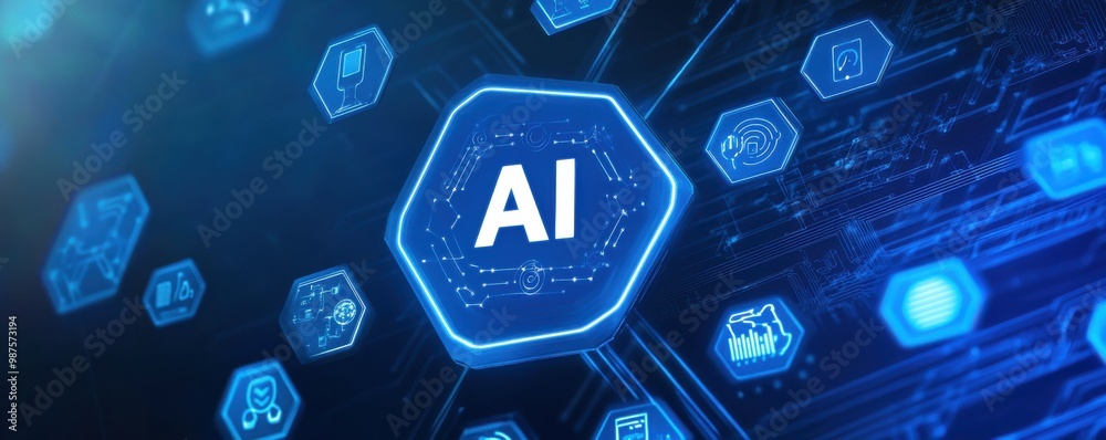 Futuristic blue hexagon with AI letters surrounded by technology icons representing artificial intelligence and digital innovation Futuristic blue hexagon with AI letters surrounded by technology icons representing artificial intelligence and digital innovation