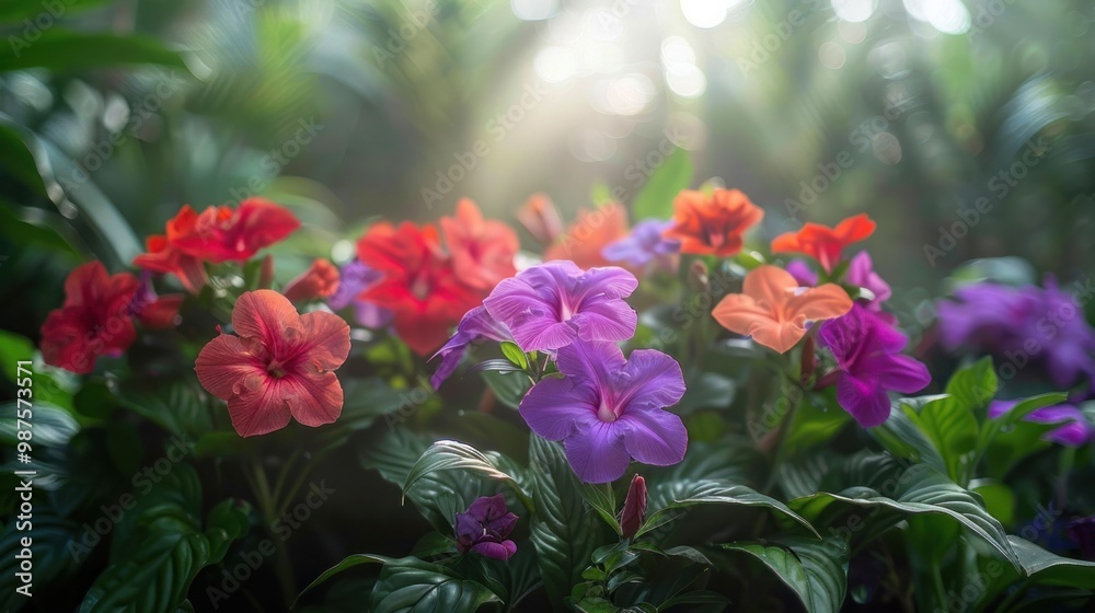 Obraz premium Breathtaking display of colorful and vibrant flowers in a tropical garden setting with a lush natural backdrop of foliage and greenery