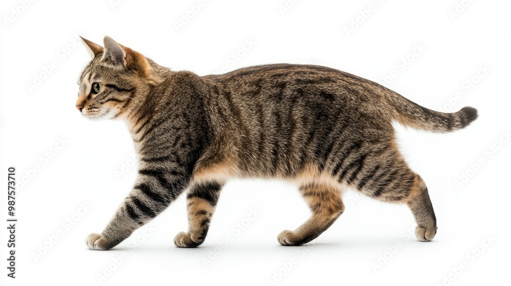 Fototapeta premium Tabby cat walking on white background. isolated