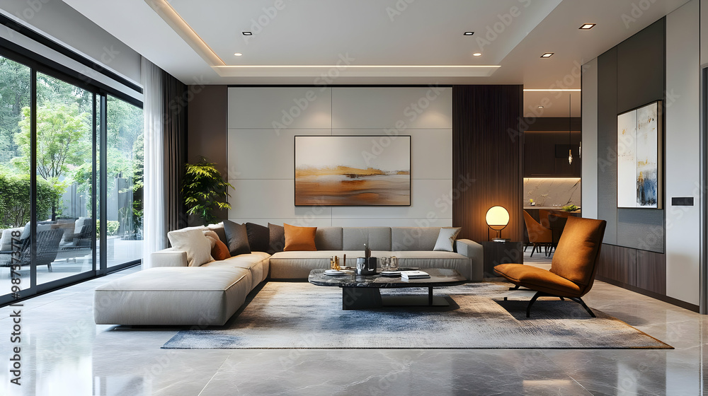 Modern Living Room Interior Design with White Sofa and Abstract Painting Modern Living Room Interior Design with White Sofa and Abstract Painting