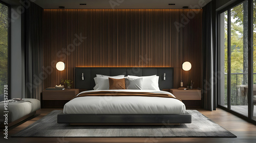 Modern Bedroom Interior Design with Wooden Wall Panels and Large Window 3D Illustration