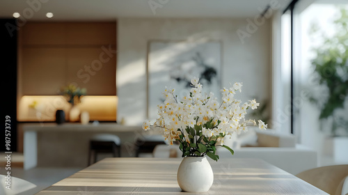 White Flowers in Vase on Table in Modern Interior - Illustration