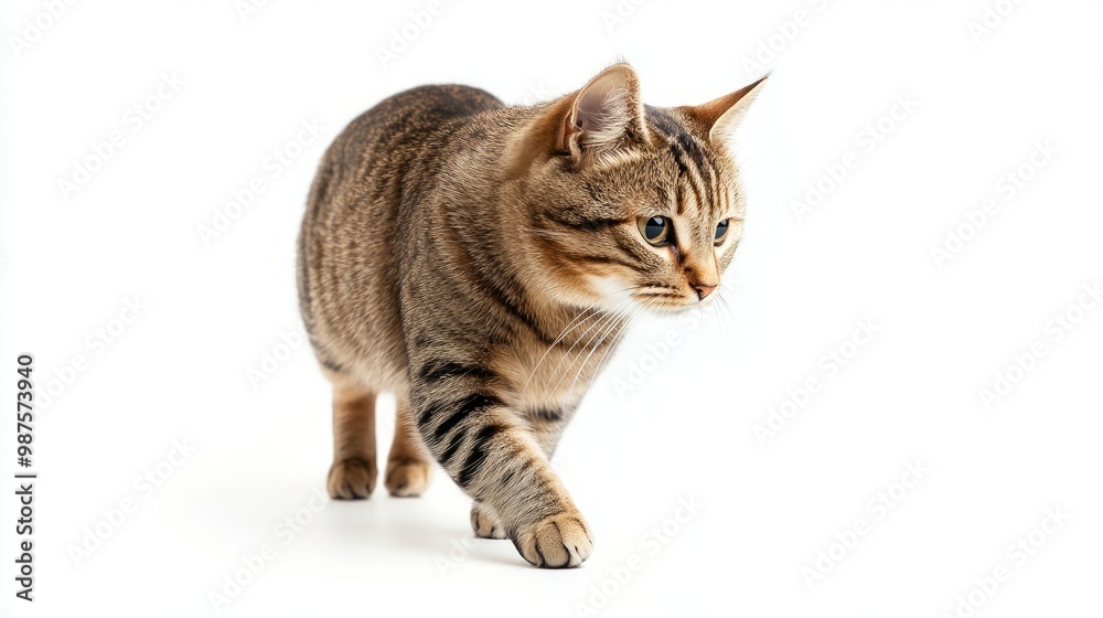 Fototapeta premium Tabby cat walking on white background. isolated