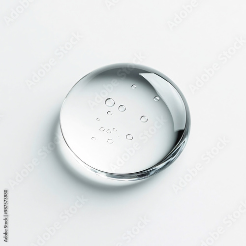 A clear water droplet on a white background with small air bubbles suspended inside