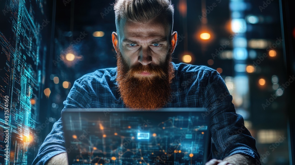 Cyberspace Businessman: Networking with Glowing Technology Interface Cyberspace Businessman: Networking with Glowing Technology Interface