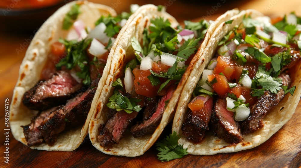 Tacos de Arrachera: Tacos filled with marinated and grilled skirt steak, garnished with cilantro, onions, and salsa Tacos de Arrachera: Tacos filled with marinated and grilled skirt steak, garnished with cilantro, onions, and salsa