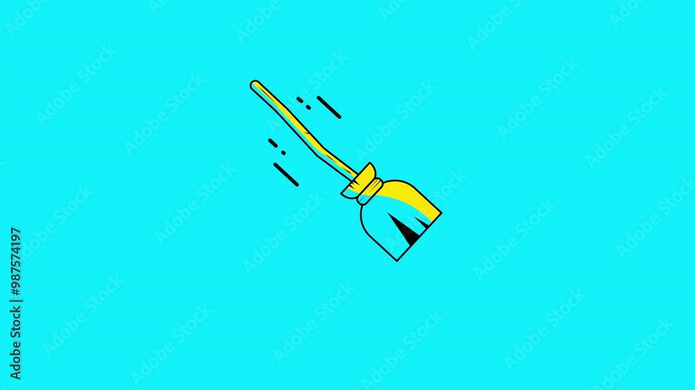 Animated of blue broomstick flying on blue background, suitable for Halloween designs, spooky themes, magical illustrations, witchcraft concepts, and fantasy projects. 4k