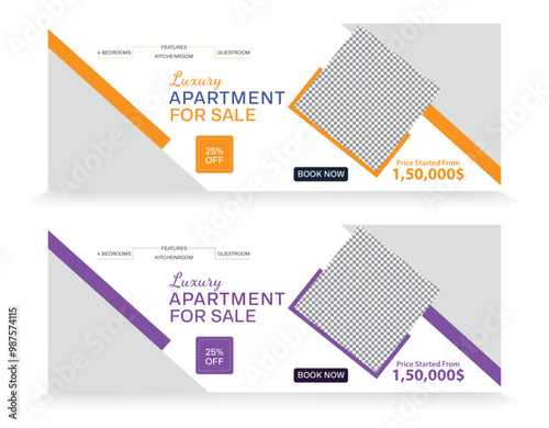 Real Estate cover page timeline web ad banner template with a photo place modern layout dark blue background and vivid shape and text design. It is a Social media cover for the Facebook cover.