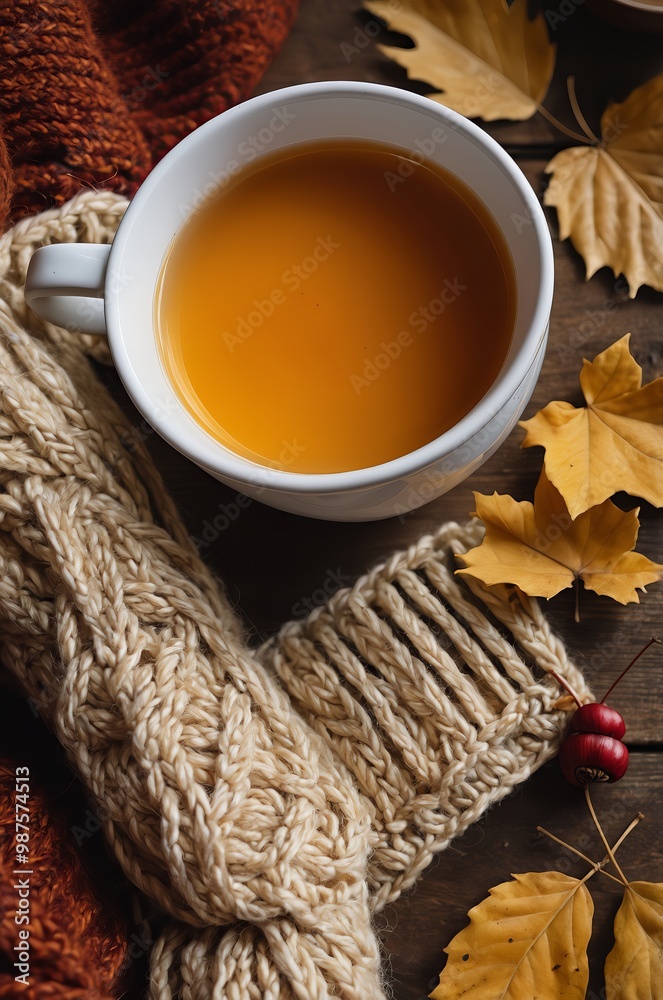 cup of tea with autumn leaves cup of tea with autumn leaves