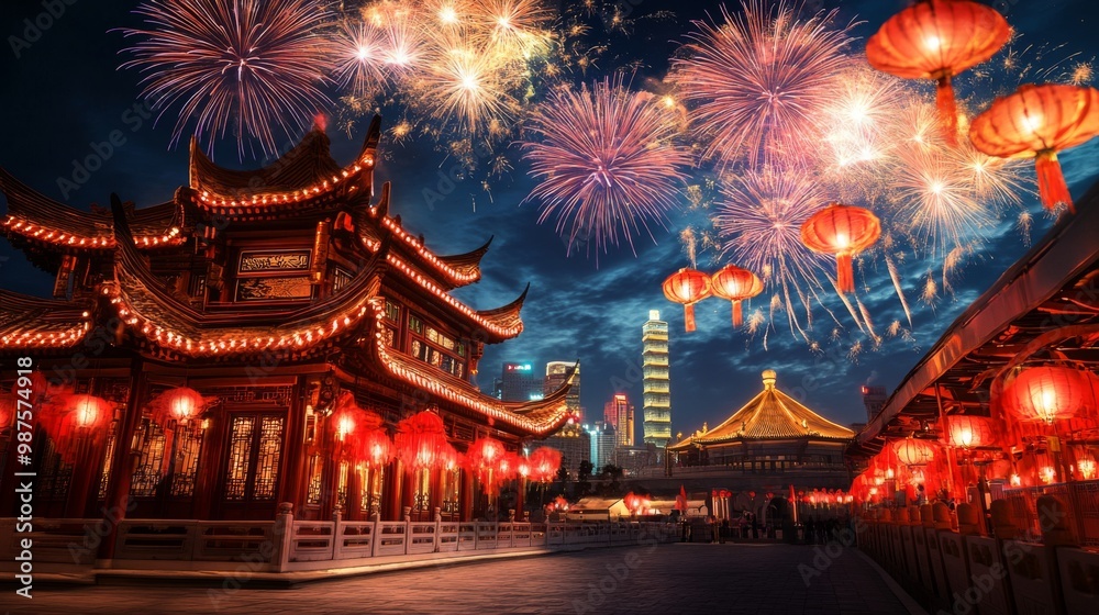 Fireworks and Festivities Photograph of Chinese new year fireworks celebrations on the chinese temple background