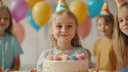 Child enjoying a slice of birthday cake, with colorful decorations and party hats, surrounded by friends at a lively celebration photo