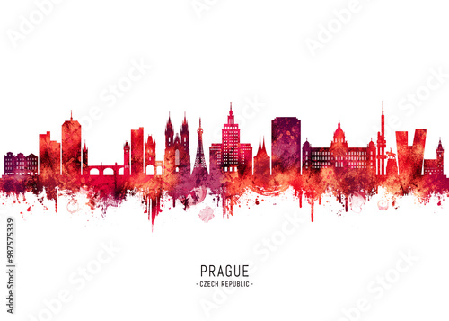 Sticker Prague Czech Republic Skyline Red
