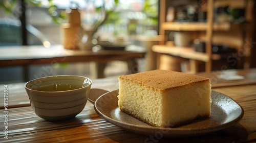Japanese Sponge Cake and Green Tea on Wooden Table