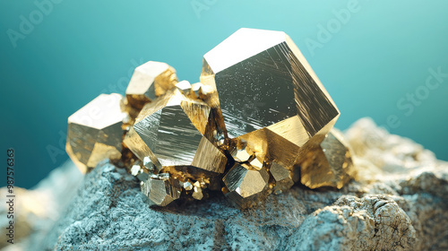 An artistic display of geometric gold crystals growing out of a stone base, captured in natural lighting, highlighting the shimmering surfaces and intricate shapes against a rugged backdrop.