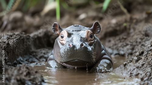 Playful pygmy hippo calf rolling in the mud, with a joyful expression on its tiny face