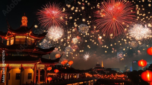 Fireworks and Festivities Photograph of Chinese new year fireworks celebrations on the chinese temple background