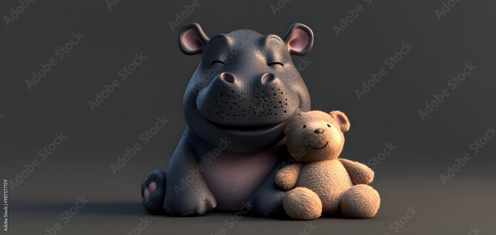 A friendly hippo plush toy cuddling a teddy bear, depicting warmth and companionship in a soft, playful environment. A friendly hippo plush toy cuddling a teddy bear, depicting warmth and companionship in a soft, playful environment.