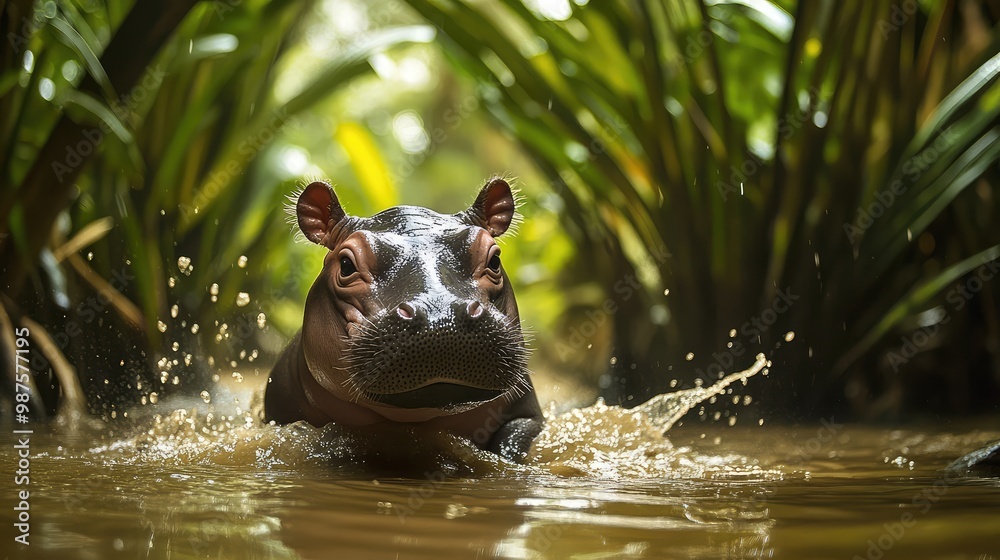 Pygmy hippo calf happily splashing in a small pool under a tropical tree canopy Pygmy hippo calf happily splashing in a small pool under a tropical tree canopy