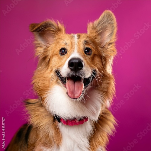 Joyful Canine: A Smiling Dog on a Vibrant Magenta Canvas"