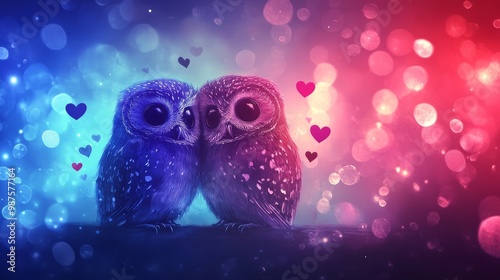 background with oehoe owls that are in love, with hearts and sparkles in the background colors purple, blue and red photo