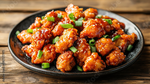 A delicious plate of crispy orange chicken topped with sesame seeds and fresh green onions, a popular and savory Asian cuisine, presented on a dark textured plate.