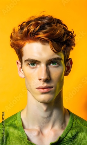 Young adult male with slender build, Caucasian descent, shoulder-length auburn hair, and striking green eyes with a slight almond shape.