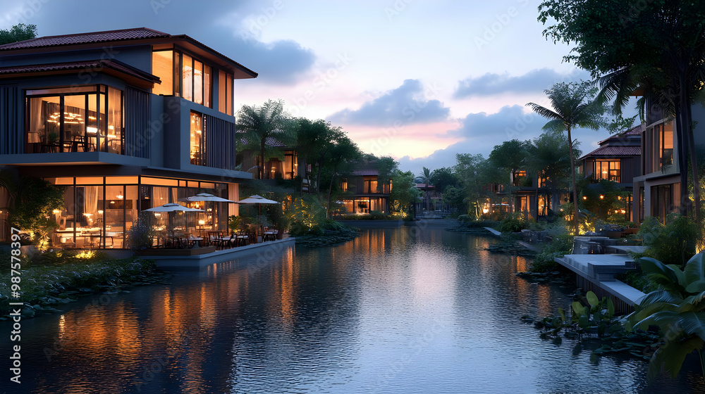 Fototapeta premium 3D Illustration of a Modern House by a River at Dusk