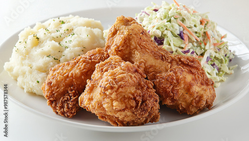A plate featuring traditional fried chicken, crispy and golden brown, paired with creamy mashed potatoes and a side of fresh coleslaw, served in a classic homestyle presentation.