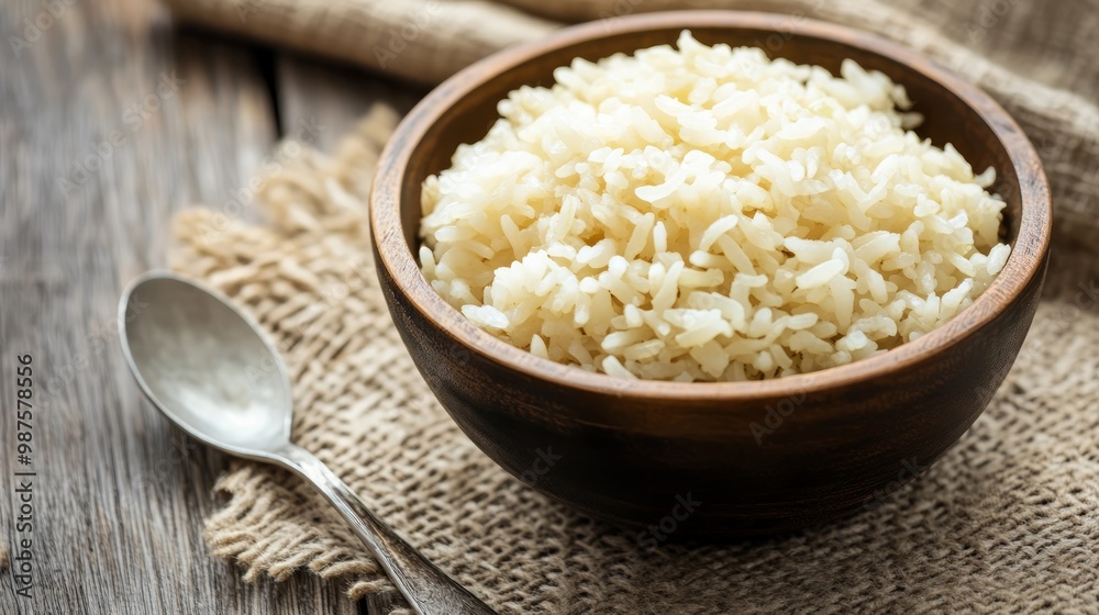 Tasty cooked rice in bowl and spoon on wooden table