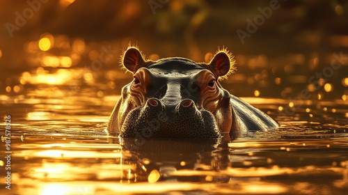 Pygmy hippo soaking in a pond at sunset, with golden light reflecting on the water