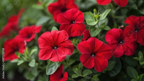 Vibrant red petunias or other flowering plants blooming in a lush green garden  The image showcases the natural beauty and vivid colors of the floral display in an outdoor rural setting