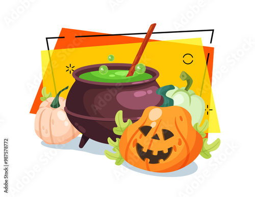 Huge cauldron with boiling potion and pumpkin lantern vector illustration on abstract background. Halloween celebration, magic, holiday concept. Can be used for banner or invitation design