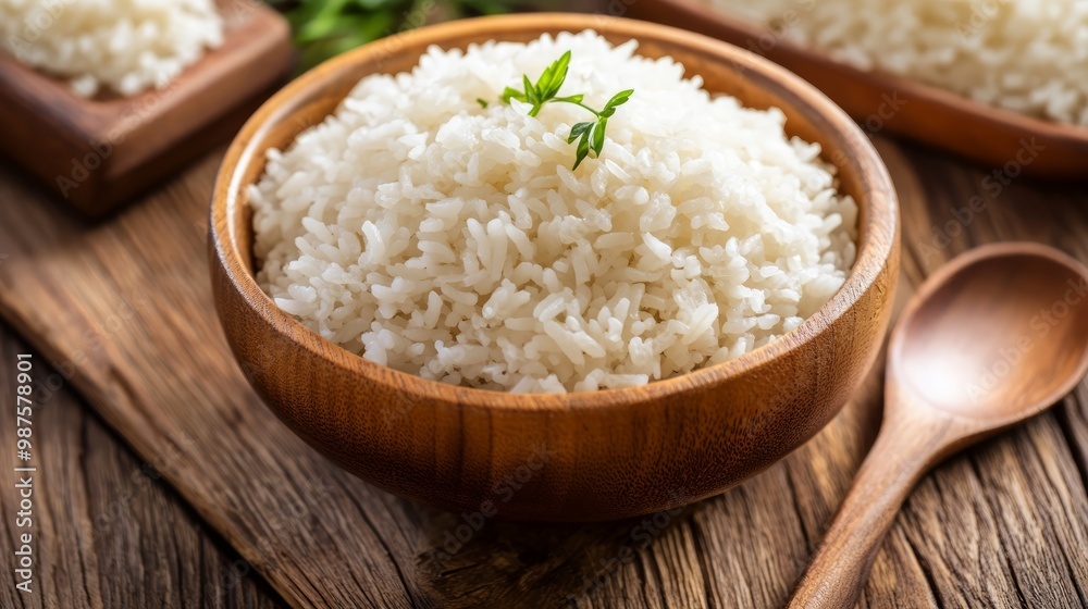 Tasty cooked rice in bowl and spoon on wooden table Tasty cooked rice in bowl and spoon on wooden table