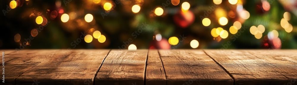 Wooden table surface with festive Christmas lights and decorated tree in the background, soft focus, warm holiday ambiance, subtle bokeh, cozy and inviting scene, shallow depth Wooden table surface with festive Christmas lights and decorated tree in the background, soft focus, warm holiday ambiance, subtle bokeh, cozy and inviting scene, shallow depth