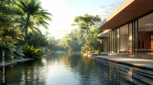 Tropical Modern Home with Pool and Lush Greenery - 3D Illustration