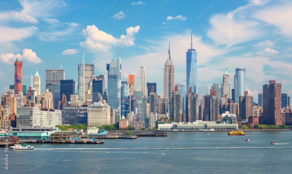 Fototapeta premium Panoramic view of New York City skyline across the Hudson River. Urban landscape and architecture concept.