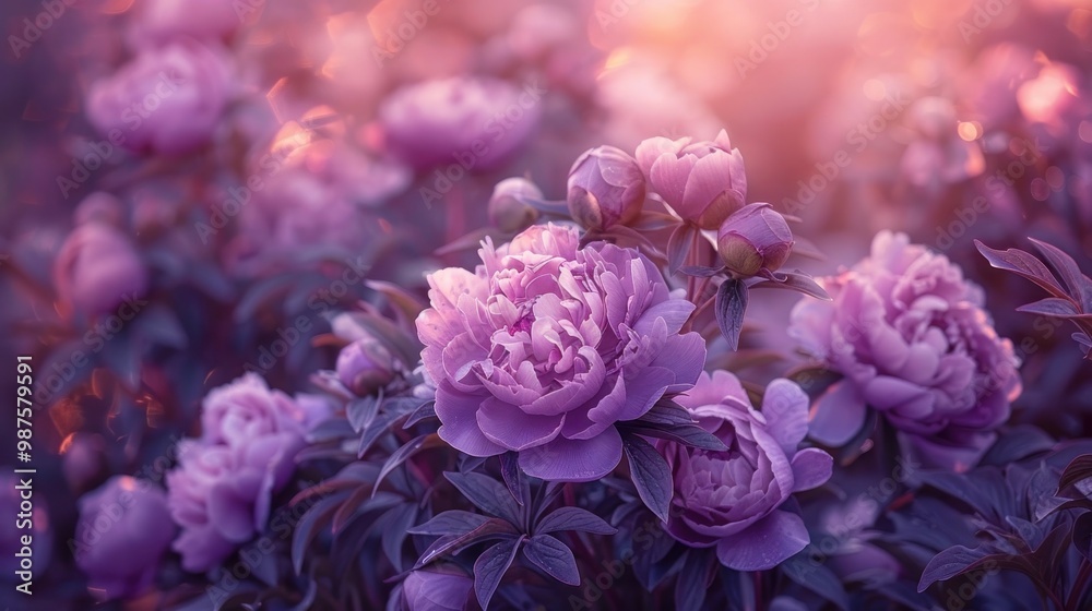 Beautifully vibrant and lush purple peony flowers blooming in a romantic garden landscape creating a dreamy captivating and enchanting natural environment Beautifully vibrant and lush purple peony flowers blooming in a romantic garden landscape creating a dreamy captivating and enchanting natural environment