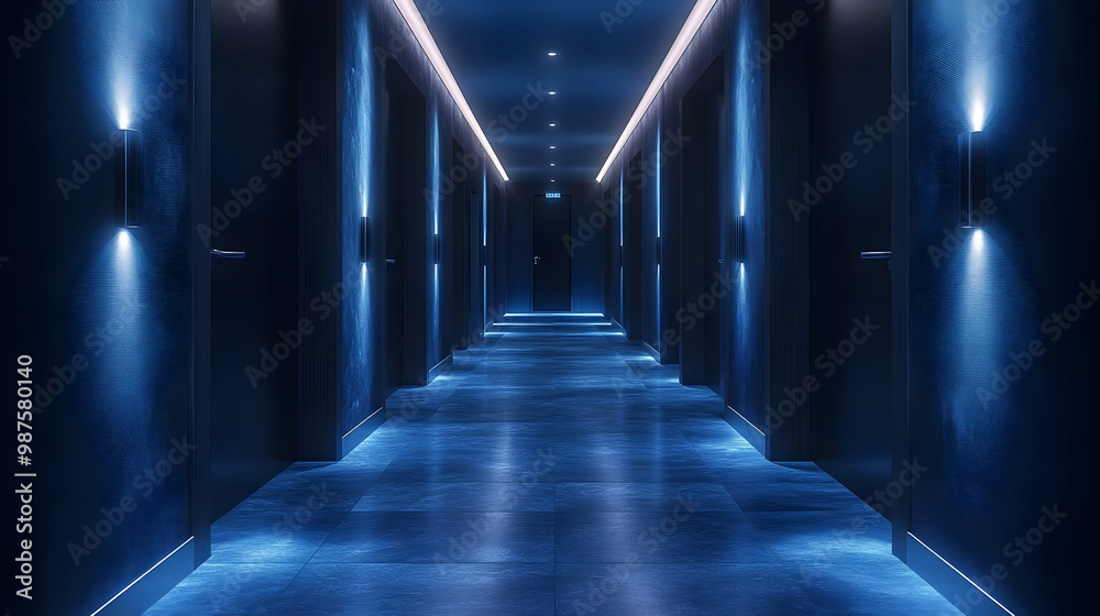 Dark Blue Hallway with Spotlights 3D Illustration