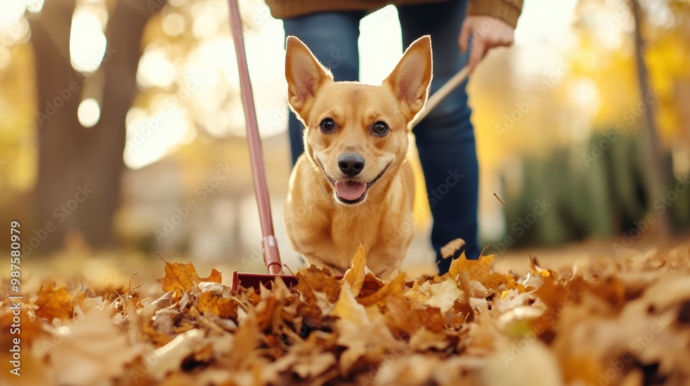 A dog walking through leaves with a leash attached to it, AI